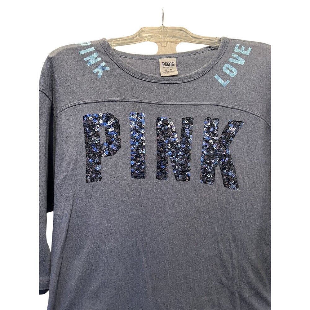 Victorias Secret Pink Love Sequin Logo Gray 3/4 Sleeve Tee XS 100% Cotton - Picture 2 of 7